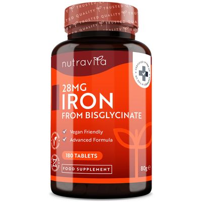 Nutravita Iron Tablets 28mg 180 Vegan Tablets (3 Month Supply of Iron Supplements) Contributes to The Reduction of Tiredness and Fatigue Suitable for Men and Women Made in The UK