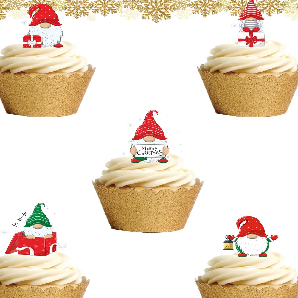16 Stand Up Cute Christmas GNOMES Themed Edible Wafer paper Cake Toppers Decorations