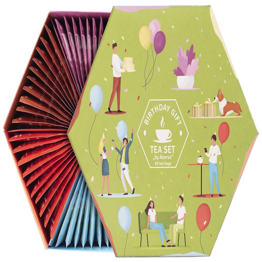ACORUS | Birthday Gift Tea Set | Natural Fruit and Herbal Tea Gift Set of Six Flavours in the Beautiful Tea Box | Thoughtful Present for Birthday | Large Selection Box | 60 Herbal and Fruit Tea Bags