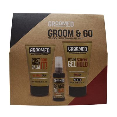 Groomed Groom & Go Set (Post Shave Balm, Bear Oil & Gel Hold) - The Essential Edit of Skin & Haircare. Get Ready to Look Good & Feel Great