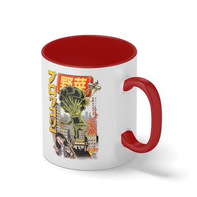 Japanese Monster Movie Kaiju Vegetable Broccoli Anime Broccolizilla White Coffee Mug with Red Rim & Handle