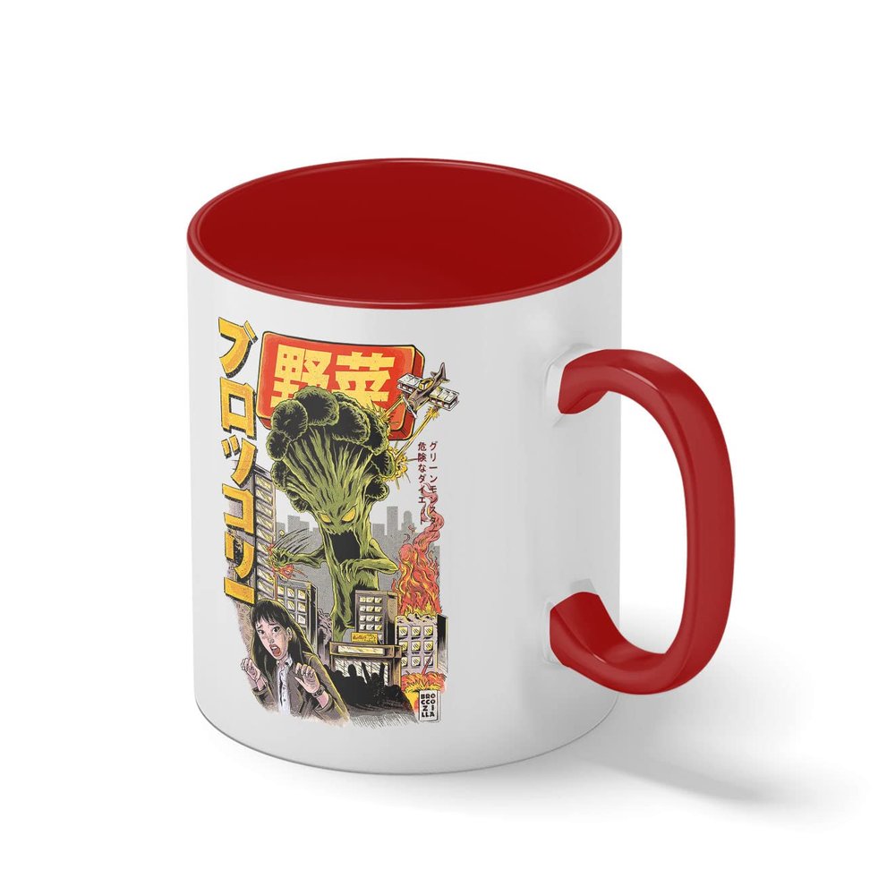 Japanese Monster Movie Kaiju Vegetable Broccoli Anime Broccolizilla White Coffee Mug with Red Rim & Handle