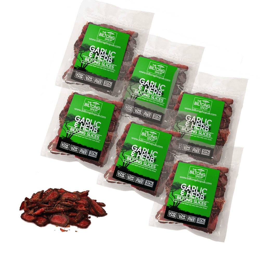 6 x 58g Bags Garlic & Herb Slices Beef Biltong THE BILTONG SHOP High Protein Savoury Low Carb Snack