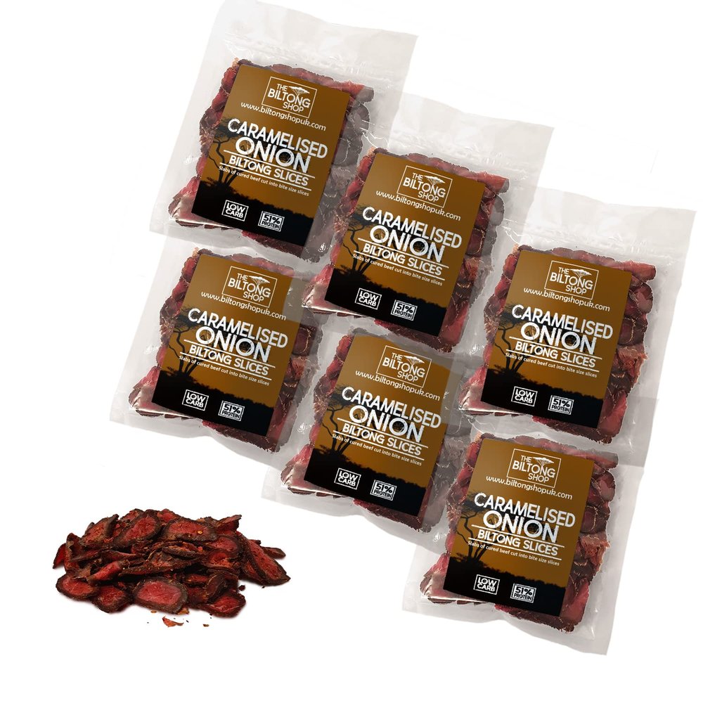 6 x 58g Bags Caramelised Onion Slices Beef Biltong THE BILTONG SHOP High Protein Savoury Low Carb Snack