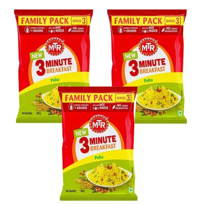 MTR POHA- FLATTENED RICE 160G (Pack of 3) - READY TO COOK IN JUST 3 MINUTES INSTANT MIX - HEALTHY BREAKFAST