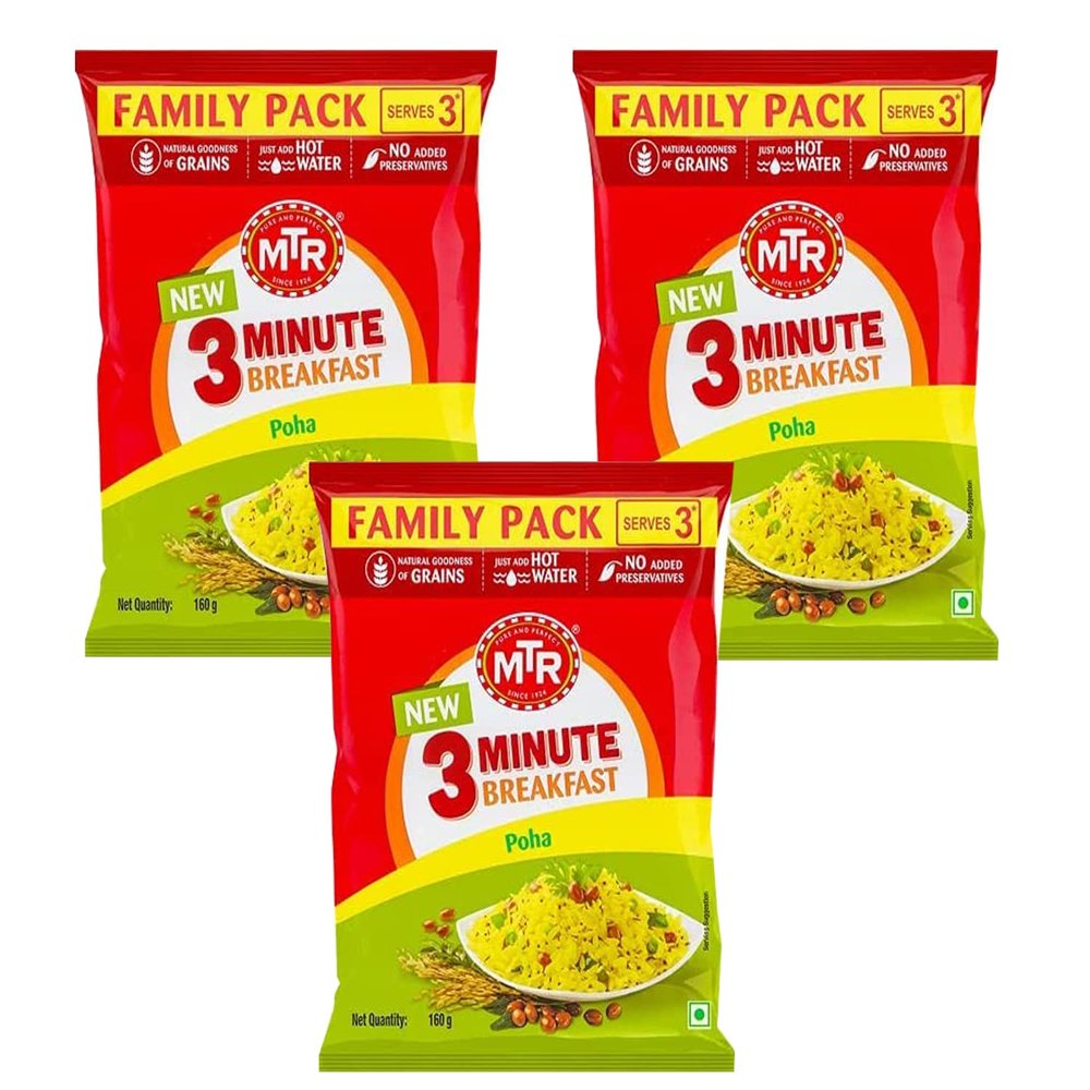 MTR POHA- FLATTENED RICE 160G (Pack of 3) - READY TO COOK IN JUST 3 MINUTES INSTANT MIX - HEALTHY BREAKFAST