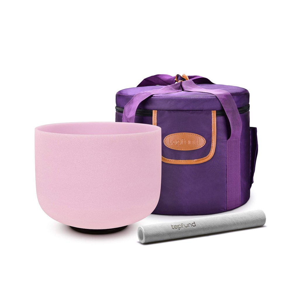 TOPFUND Morganite Fusion 432Hz F Note Crystal Singing Bowl Heart Chakra 8 Inch with Heavy Duty Carrying Case and Suede Mallet