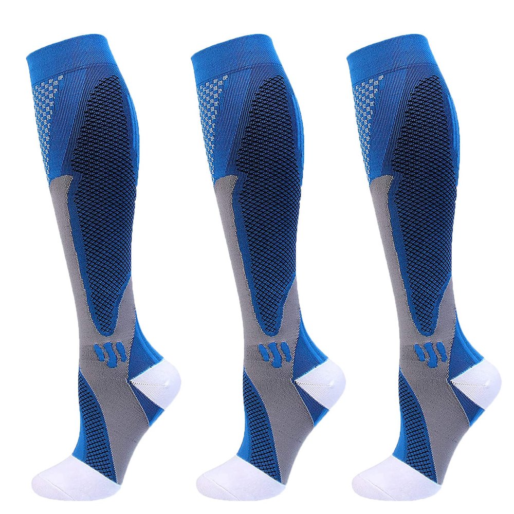 3 Pairs Compression Socks for Men & Women Circulation 15-20mmHg Knee High Compression Socks Best Support for Nurses, Athletic, Running, Cycling, Flying, Travel (Blue,S-M)