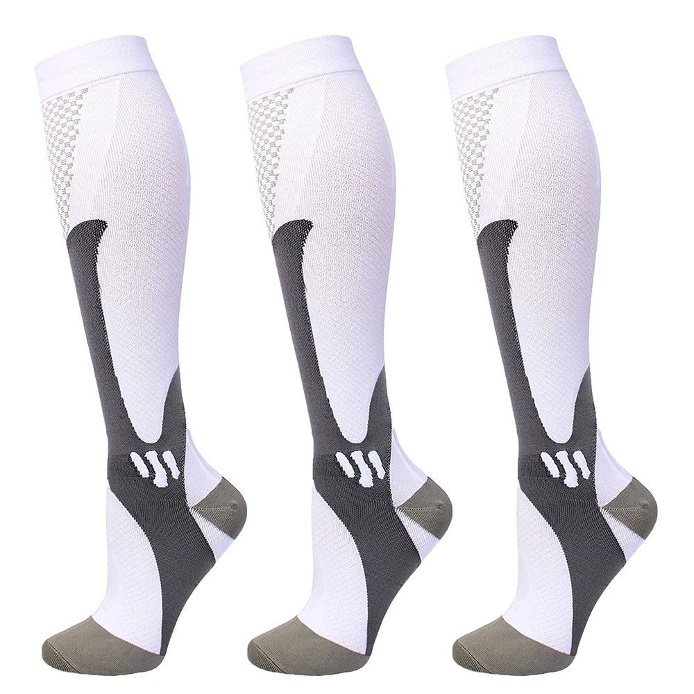 3 Pairs Compression Socks for Men & Women Circulation 15-20mmHg Knee High Compression Socks Best Support for Nurses, Athletic, Running, Cycling, Flying, Travel (White,XXL)