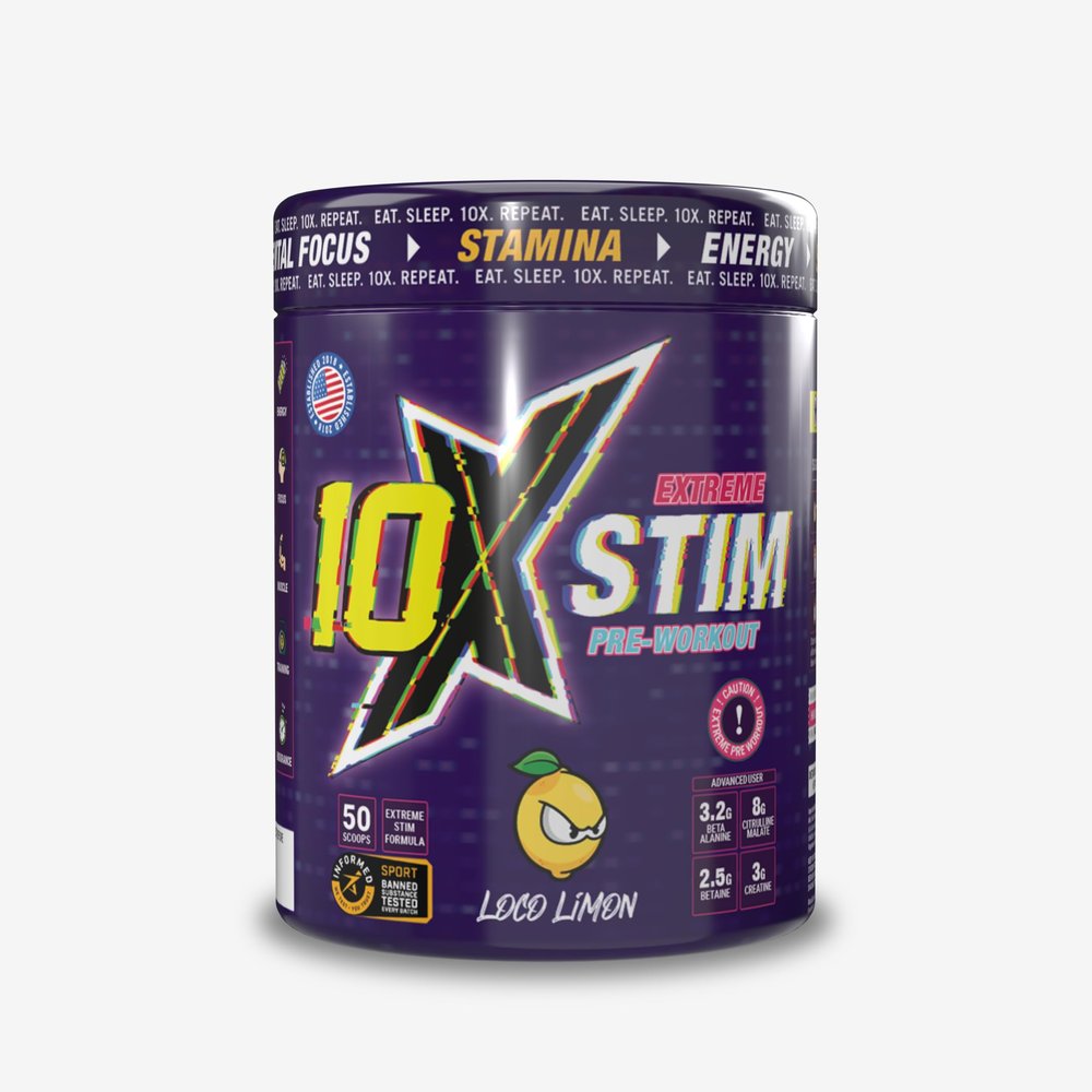 10X Athletic Stim Pre Workout Beta Alanine High Caffeine Creatine Sugar Free Vegan Low Calorie Various Flavours 600g 25/50 Servings (Loco Lemon)