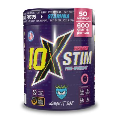 10X Athletic Stim Pre Workout Beta Alanine High Caffeine Creatine Sugar Free Vegan Low Calorie Various Flavours 600g 25/50 Servings (Blue Raspberry)