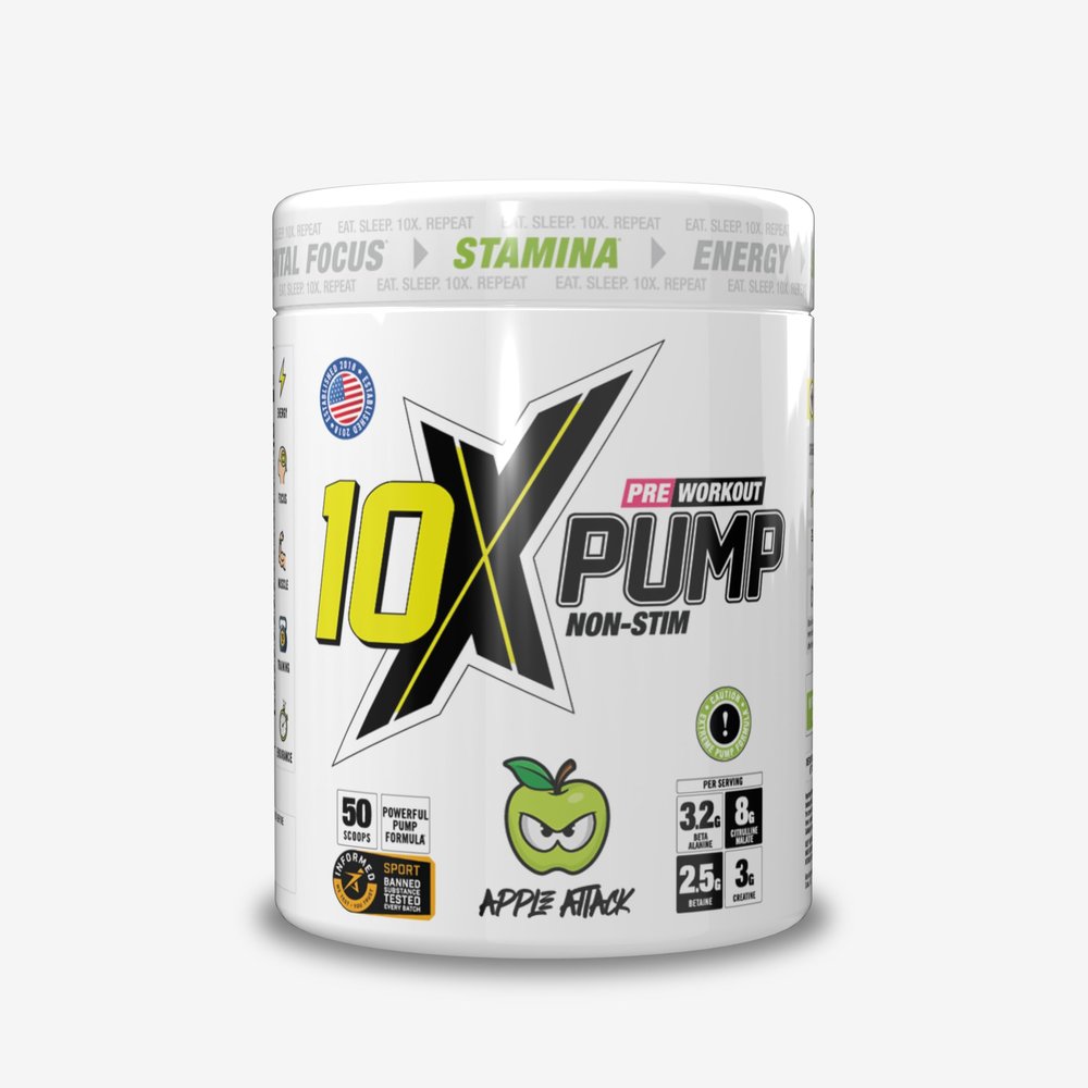 10X Athletic Non Stim Pre Workout Pump No Caffeine Beta Alanine Creatine Sugar Free Vegan Low Calorie Various Flavours 600g 25/50 Servings (Apple)