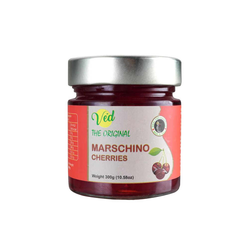 Ved Gourmet Original Red Maraschino Cherries - Italian Cherry for Old-Fashioned Cocktails - Vegan Cocktail, Bourbon Cherries in Natural Syrup for Cocktail Garnish - 300g Jar