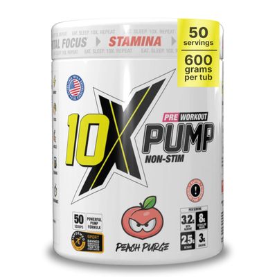 10X Athletic Non Stim Pre Workout Powder 3.2g Beta Alanine No Caffeine Creatine Sugar Free Vegan Low Calorie Various Flavours 600g 25/50 Servings (Peach)