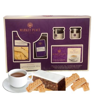 Easter Tea Hamper - Afternoon Tea and Biscuits Hamper 867g - Tea gift set with Shortbread Biscuits, 40 Tea bags, Brandy Fruit cake and Jam Preserve - Food Hamper for Men Women Couples