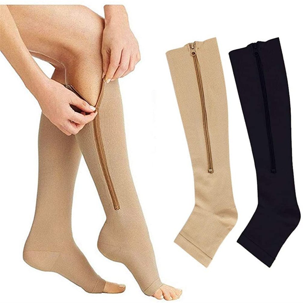 GIVBRO Compression Socks with Zip Stretchy Leg Support for Unisex Varicose Veins Edema Swollen Sore Legs Recovery S/M 2 Pairs
