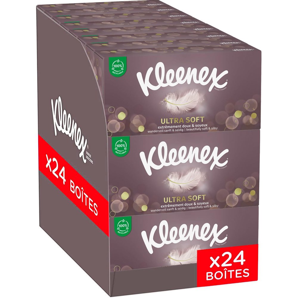 KLEENEX - Ultra-Soft tissues (24 Boxes of 64 tissues) - Soft and Silky That Leave a Feeling of Well-Being on The Skin - Made in France