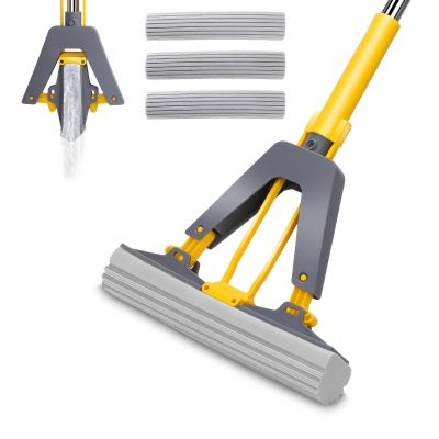 Nolopau Sponge Mop, Self Squeeze, Stainless Steel Handle, 3 PVA Absorbent Mop Heads, Yellow, Floor, 50.3 Inch Length