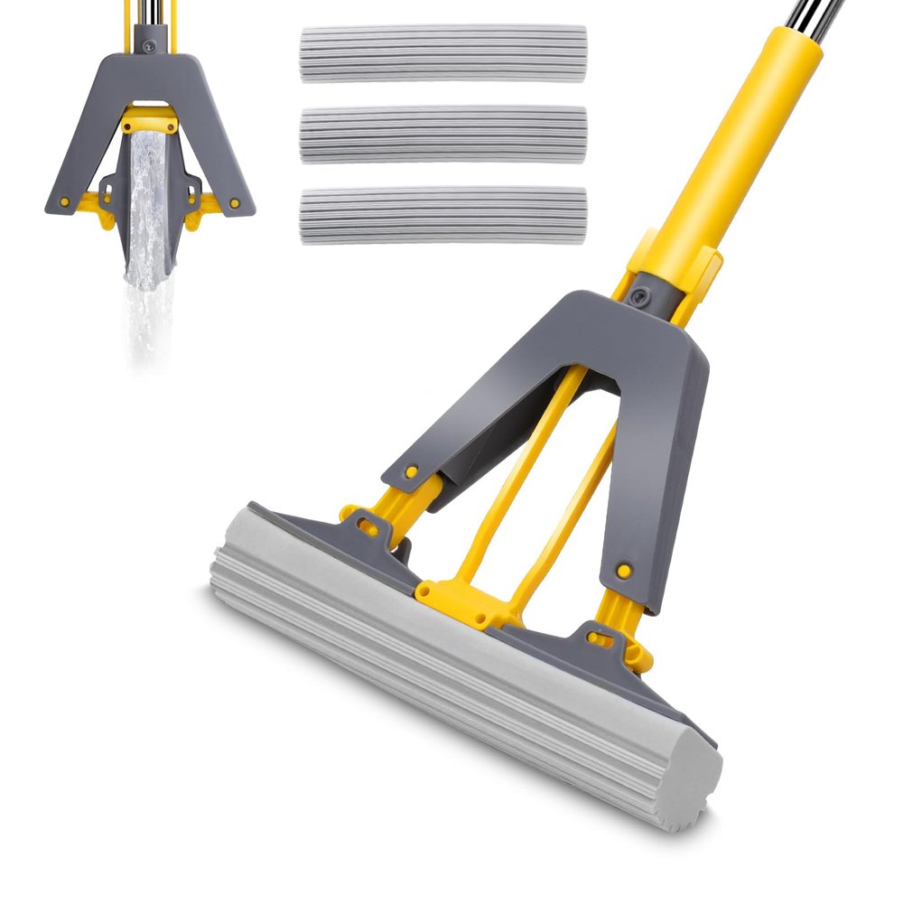 Nolopau Sponge Mop, Self Squeeze, Stainless Steel Handle, 3 PVA Absorbent Mop Heads, Yellow, Floor, 50.3 Inch Length
