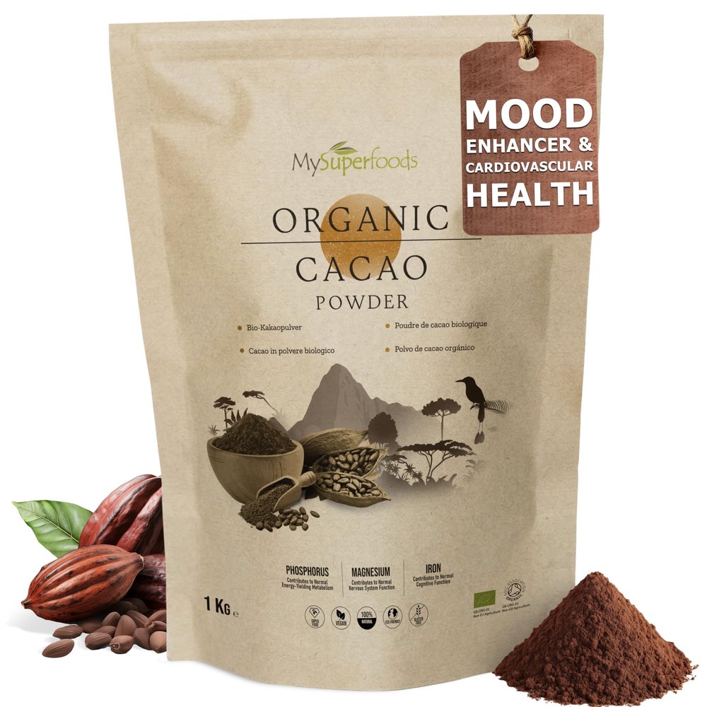 Organic Cacao/Cocoa Powder 1Kg | Pure & Unsweetened | Mood Enhancer & Cardiovascular Health | Natural Source of Magnesium | Perfect for Smoothies, Baking & Hot Chocolate | Non-Alkalised, Vegan