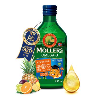 Mollers  | Omega 3 for kids Cod Liver Oil | Nordic Omega-3 Dietary Supplements with EPA, DHA, Vitamin A, D & E | Pure, Natural cod Liver Oil Liquid | 166-year-old-brand | Tutti Frutti Taste | 250 ml