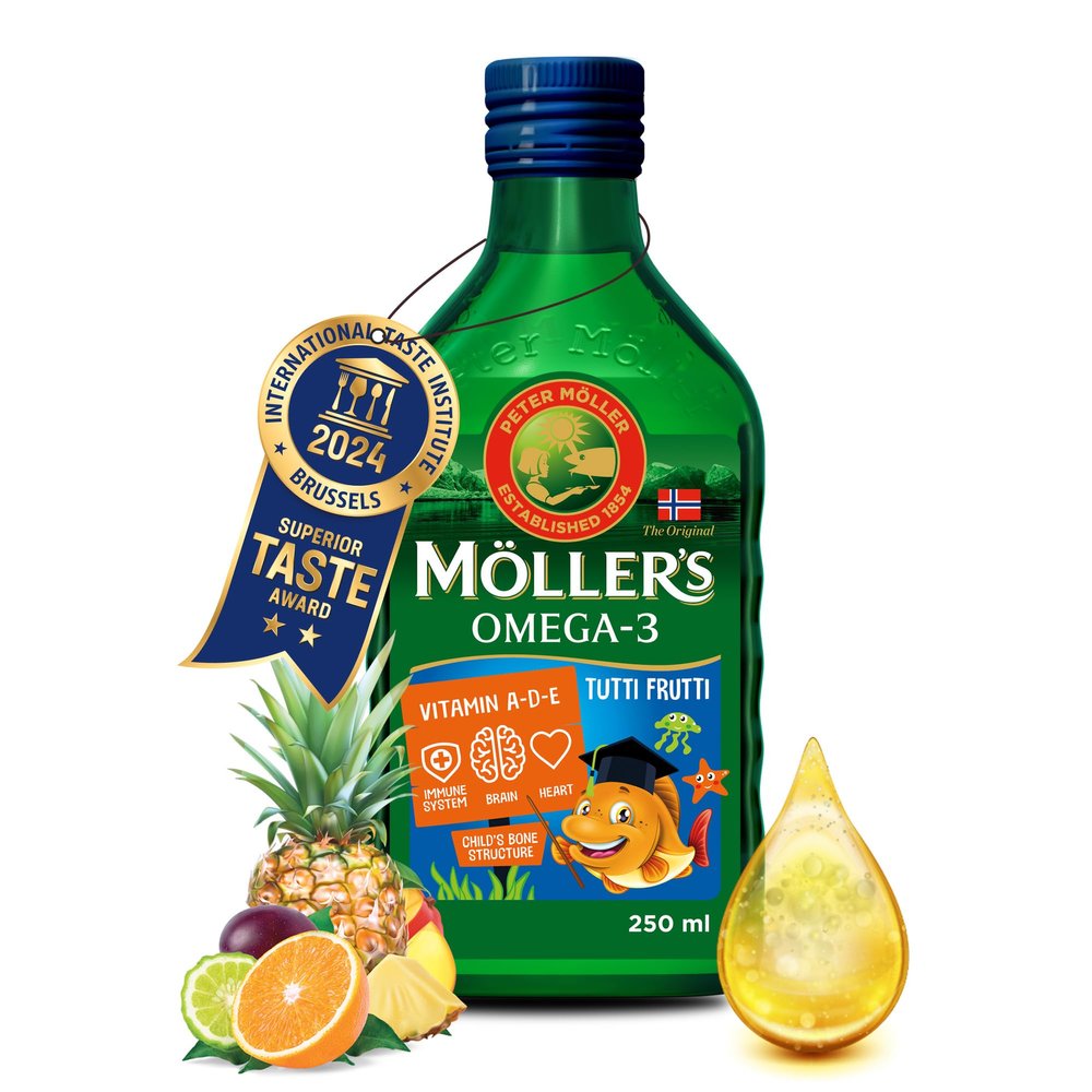 Mollers | Omega 3 for kids Cod Liver Oil | Nordic Omega-3 Dietary Supplements with EPA, DHA, Vitamin A, D & E | Pure, Natural cod Liver Oil Liquid | 166-year-old-brand | Tutti Frutti Taste | 250 ml