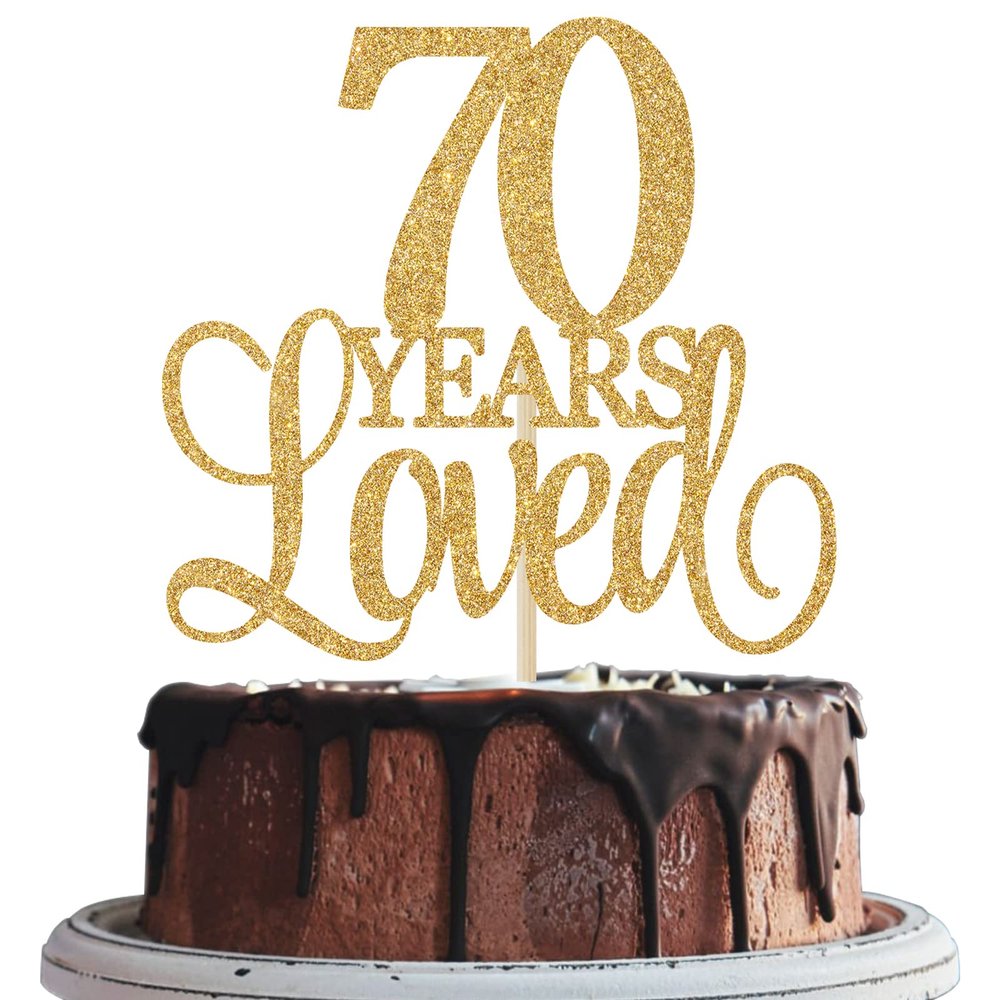 70 Years Loved Cake Topper, Cheers to 70 Years, 70th Birthday Cake Topper, 70th Wedding Anniversary Cake Topper, 70th Anniversary Birthday Party Favor Supplies Gold Glitter