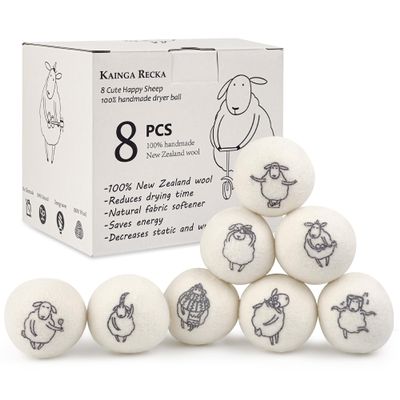 Kainga Recka Wool Dryer Balls, 8PCS Dryer Balls with Happy Sheep - Natural & Organic, 100% New Zealand Wool Handmade, Chemical-Free Reusable Laundry Balls, Anti-Static Reduce Wrinkles and Save Time
