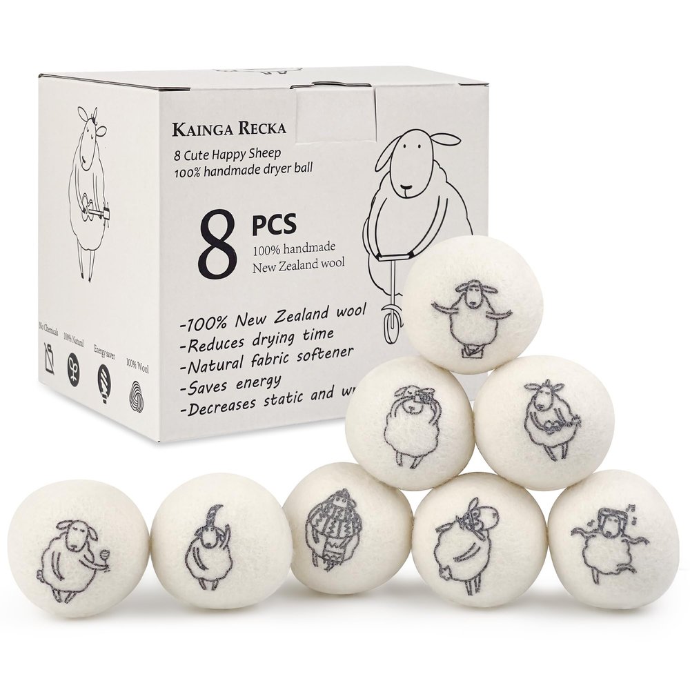 Kainga Recka Wool Dryer Balls, 8PCS Dryer Balls with Happy Sheep - Natural & Organic, 100% New Zealand Wool Handmade, Chemical-Free Reusable Laundry Balls, Anti-Static Reduce Wrinkles and Save Time