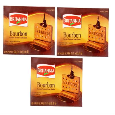 Britannia Bourbon Cream Biscuits 400g Family Pack (Pack of 3) - Chocolate Sandwich Biscuits with Cream Filling | Crunchy Cocoa Biscuits Snack - Cracker Cookies Snacks for Kids