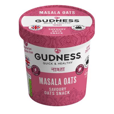 Gudness Masala Oats - Oats Porridge/Snack (Savoury), Vegan, Gluten Free Pack of 6 pots, 40 gms each