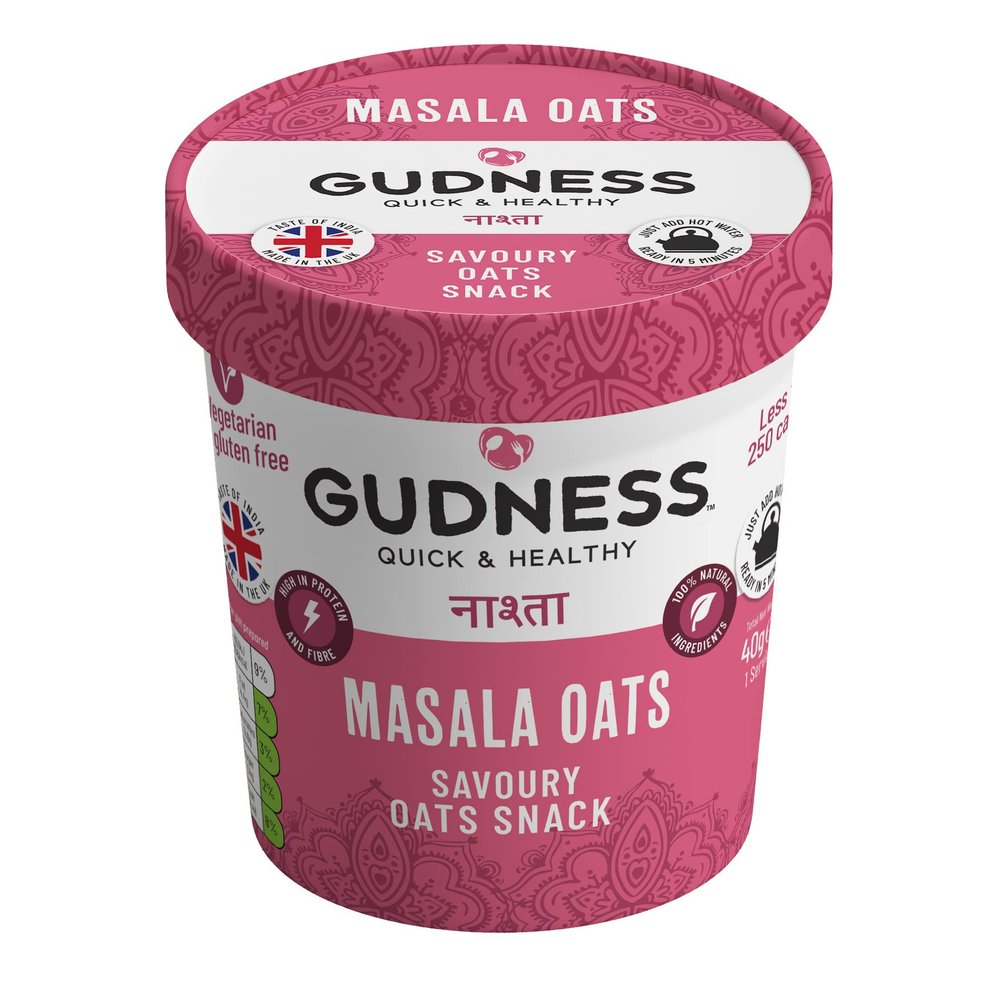 Gudness Masala Oats - Oats Porridge/Snack (Savoury), Vegan, Gluten Free Pack of 6 pots, 40 gms each