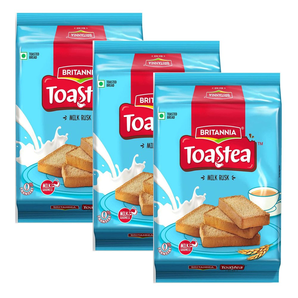 Britannia Toastea Milk Rusks 207g (Pack of 3) Biscuits - Crispy & Crunchy Wheat Toasted Bread Rusks - Perfect Tea Time Companion - Delicious Cracker Snacks for Kids - Anytime & Anywhere Treat