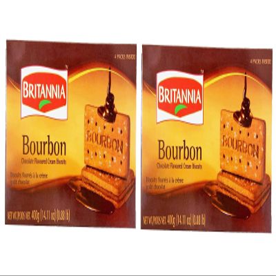 Britannia Bourbon 400g Family Pack (Pack of 2) - Topped with Sugar Crystals- Crunchy Chocolate Biscuits - Cracker Cookies Snacks for Kids