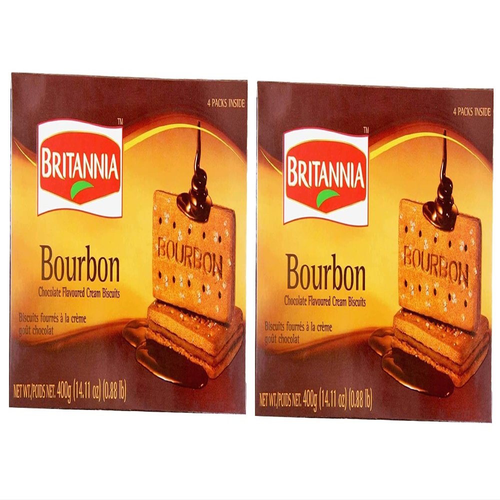 Britannia Bourbon 400g Family Pack (Pack of 2) - Topped with Sugar Crystals- Crunchy Chocolate Biscuits - Cracker Cookies Snacks for Kids