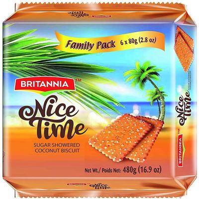 Britannia Nice Time Coconut Biscuit Family Pack 480g (Pack of 1) - Topped with Sugar Crystals - Offers A Wholesome Teatime Experience - Cracker Cookies Snacks for Kids