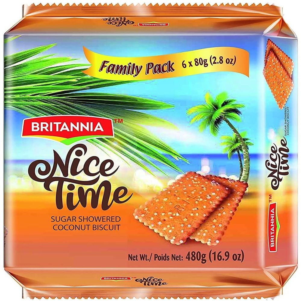 Britannia Nice Time Coconut Biscuit Family Pack 480g (Pack of 1) - Topped with Sugar Crystals - Offers A Wholesome Teatime Experience - Cracker Cookies Snacks for Kids