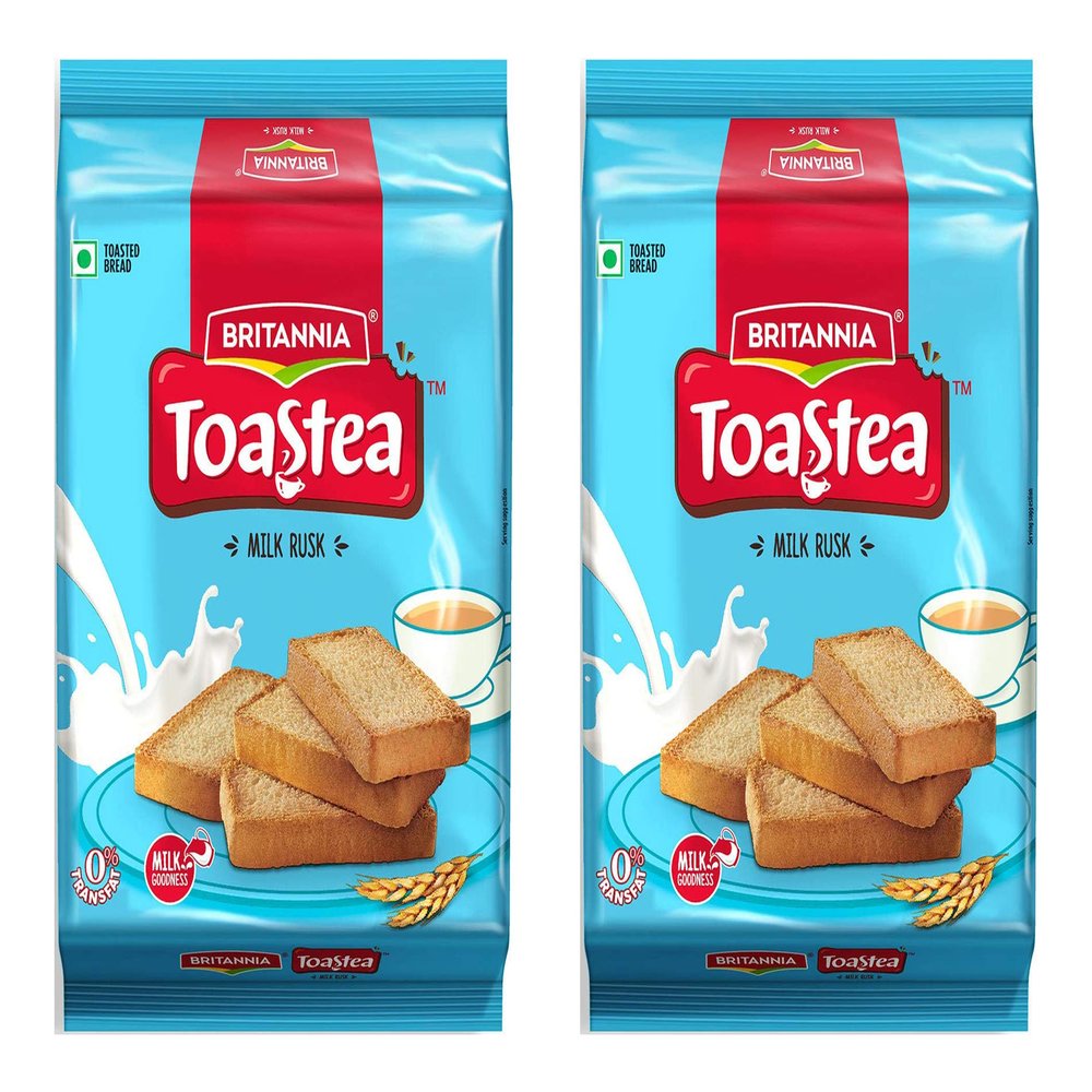 Britannia Toastea Milk Rusks 207g (Pack of 2) Biscuits - Crispy & Crunchy Wheat Toasted Bread Rusks - Perfect Tea Time Companion - Delicious Cracker Snacks for Kids - Anytime & Anywhere Treat