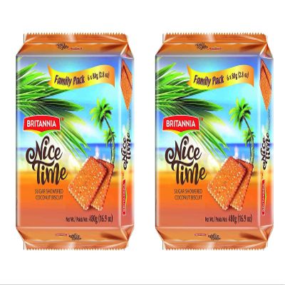 Britannia Nice Time Coconut Biscuit Family Pack 480g (Pack of 2) - Topped with Sugar Crystals - Offers A Wholesome Teatime Experience - Cracker Cookies Snacks for Kids