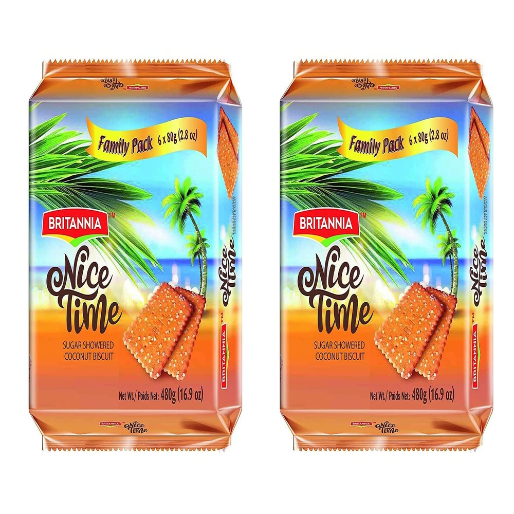 Britannia Nice Time Coconut Biscuit Family Pack 480g (Pack of 2) - Topped with Sugar Crystals - Offers A Wholesome Teatime Experience - Cracker Cookies Snacks for Kids