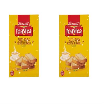 Britannia Toastea Suji Rusks 235g (Pack of 2) Biscuits  Crisp Semolina Rusks for Tea Time - Cracker Cookies Snacks for Kids - Crunchy Toasted Infused with Cardamom & Right Amount of Sweetness