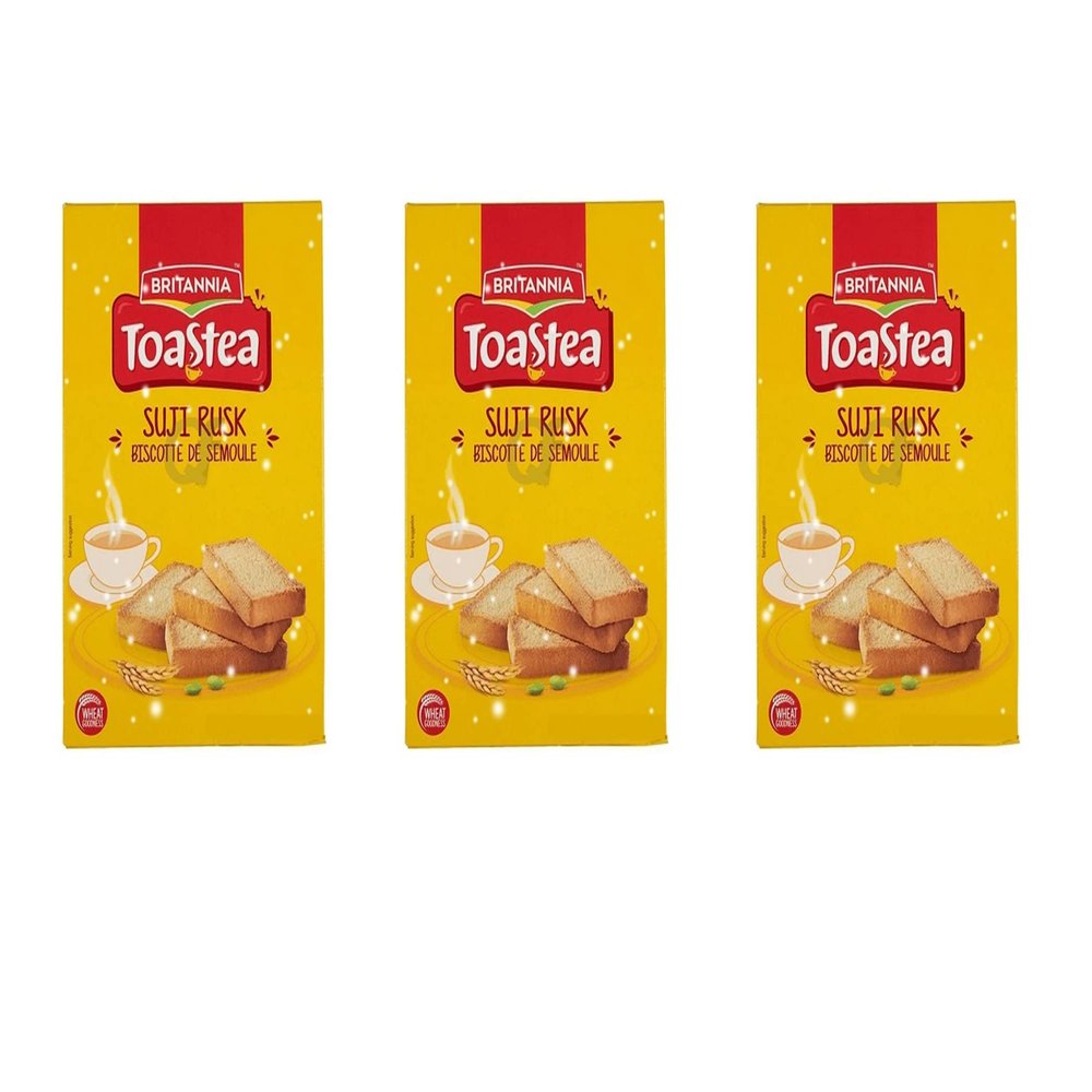 Britannia Toastea Suji Rusks 235g (Pack of 3) Biscuits  Perfect Tea Time Companion - Cracker Snacks for Kids - Anytime & Anywhere Treat  Infused with Cardamom and Right Amount of Sweetness