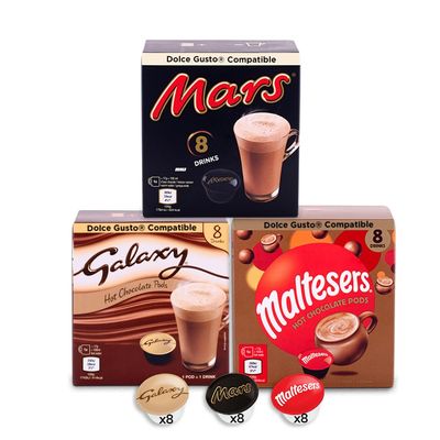 Galaxy, Mars & Maltesers Hot Chocolate Pods Dolce Gusto Compatible Pods (24 Servings - 8 Capsules Each, 3 Flavors)