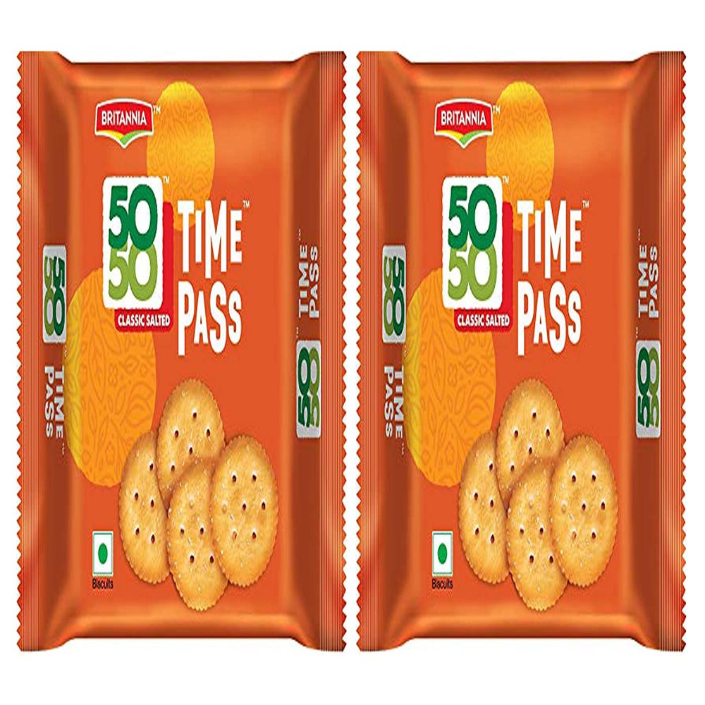 Britannia 50-50 Time Pass Family Pack 160g (Pack of 2) - Sweet and Salty Biscuit-50-50 Family Sharing Biscuit- Crispy and Crunchy Anytime Snack - Cracker Cookies Snacks for Kids
