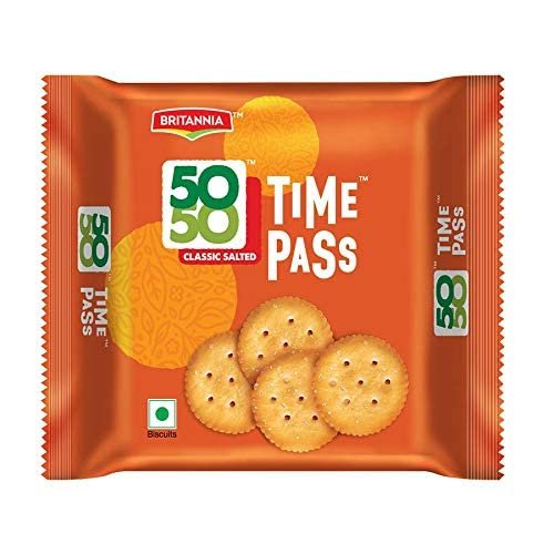 Britannia 50-50 Time Pass Family Pack 160g (Pack of 1) - Sweet and Salty Biscuit-50-50 Family Sharing Biscuit- Crispy and Crunchy Anytime Snack - Cracker Cookies Snacks for Kids