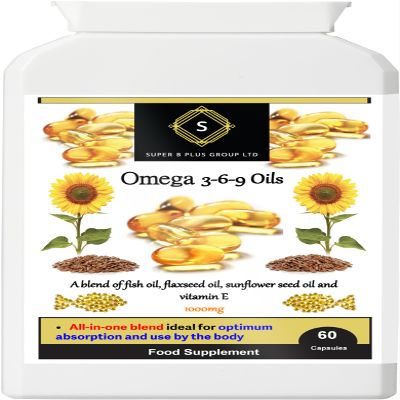 Omega 3-6-9 Supplement - Fish, Flaxseed & Sunflower Oils - 60 Softgels Capsules - High Strength 1000mg - Halal