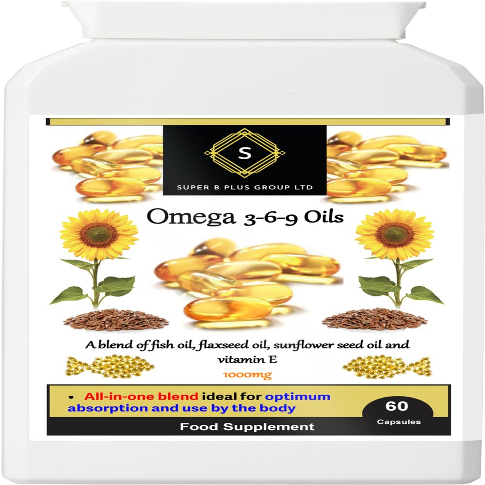 Omega 3-6-9 Supplement - Fish, Flaxseed & Sunflower Oils - 60 Softgels Capsules - High Strength 1000mg - Halal