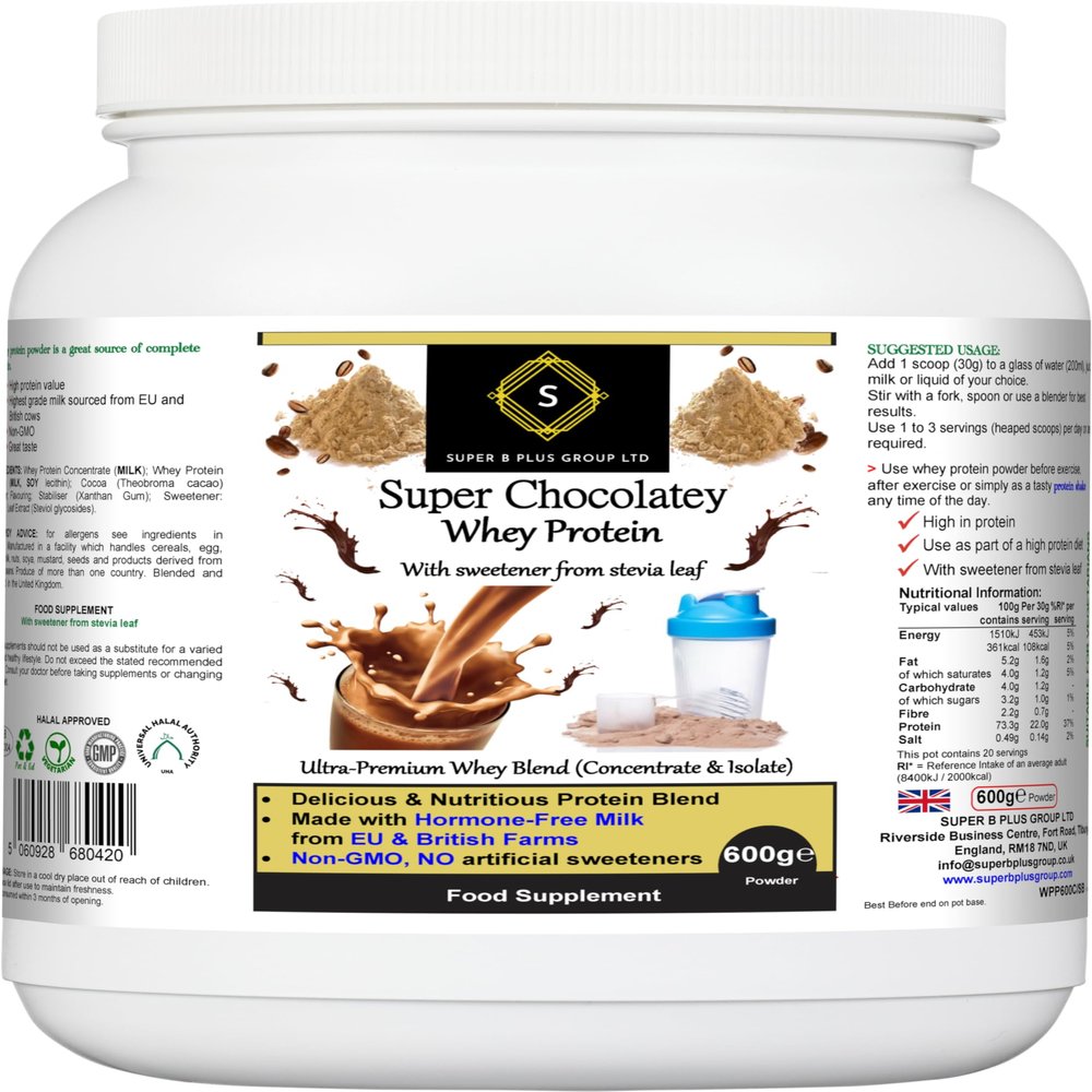 Super Chocolatey Whey Protein - Muscle Growth & Recovery, Energy, Immunity - Isolate, Stevia, Vegetarian - 600g Meal Shake Powder
