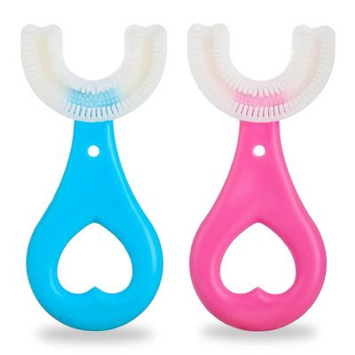 2Pcs Kids Toothbrushes,U Shaped Toothbrush 360All-Round Cleaning Silicone Teeth Brush for Kids 2-6Years(Blue and Pink)