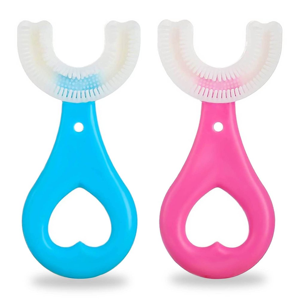 2Pcs Kids Toothbrushes,U Shaped Toothbrush 360All-Round Cleaning Silicone Teeth Brush for Kids 2-6Years(Blue and Pink)